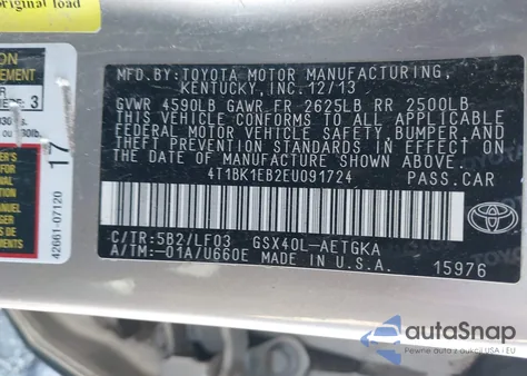 2014 Toyota Avalon Xle Premium из США, поврежденный, VIN 4T1BK1EB2EU091724